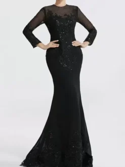 Evening Dress Mermaid Jewel Neck Court Train Long Sleeves Zipper Applique Sequined Formal Party Dresses
