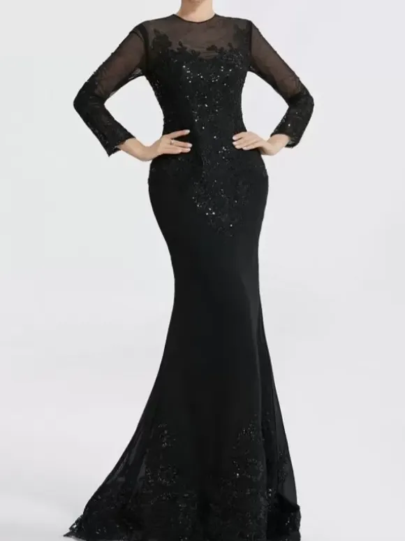 Evening Dress Mermaid Jewel Neck Court Train Long Sleeves Zipper Applique Sequined Formal Party Dresses