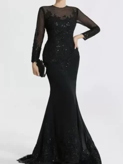 Evening Dress Mermaid Jewel Neck Court Train Long Sleeves Zipper Applique Sequined Formal Party Dresses