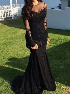 Evening Dress Mermaid Jewel Neck Court Train Long Sleeves Zipper Applique Sequined Formal Party Dresses