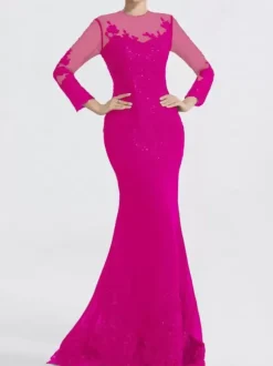 Evening Dress Mermaid Jewel Neck Court Train Long Sleeves Zipper Applique Sequined Formal Party Dresses
