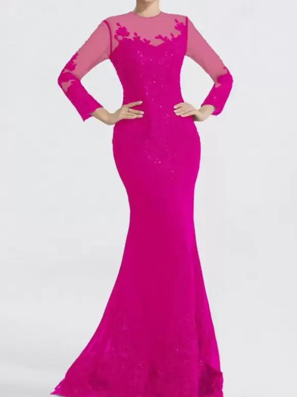 Evening Dress Mermaid Jewel Neck Court Train Long Sleeves Zipper Applique Sequined Formal Party Dresses