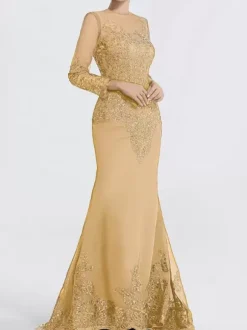 Evening Dress Mermaid Jewel Neck Court Train Long Sleeves Zipper Applique Sequined Formal Party Dresses