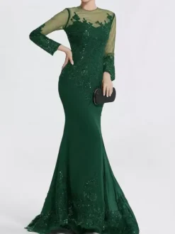 Evening Dress Mermaid Jewel Neck Court Train Long Sleeves Zipper Applique Sequined Formal Party Dresses