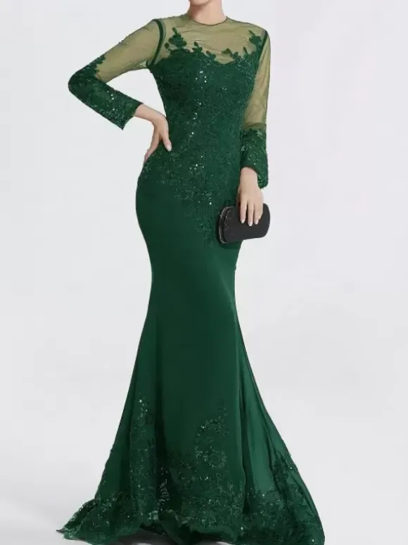 Evening Dress Mermaid Jewel Neck Court Train Long Sleeves Zipper Applique Sequined Formal Party Dresses