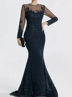 Evening Dress Mermaid Jewel Neck Court Train Long Sleeves Zipper Applique Sequined Formal Party Dresses