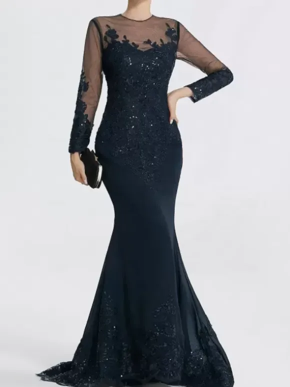 Evening Dress Mermaid Jewel Neck Court Train Long Sleeves Zipper Applique Sequined Formal Party Dresses