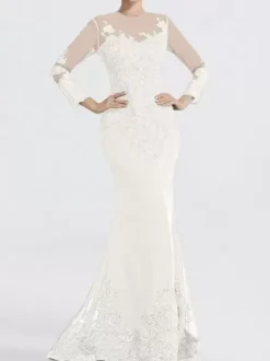 Evening Dress Mermaid Jewel Neck Court Train Long Sleeves Zipper Applique Sequined Formal Party Dresses