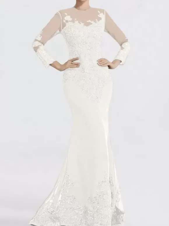 Evening Dress Mermaid Jewel Neck Court Train Long Sleeves Zipper Applique Sequined Formal Party Dresses