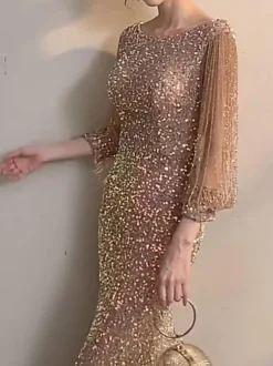 Evening Dress Mermaid Jewel Neck Floor-Length Long Sleeves Zipper Sequined Formal Party Dresses