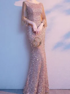 Evening Dress Mermaid Jewel Neck Floor-Length Long Sleeves Zipper Sequined Formal Party Dresses