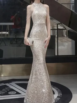 Evening Dress Mermaid Jewel Neck Floor-Length Sleeveless Zipper Sequined Formal Party Dresses