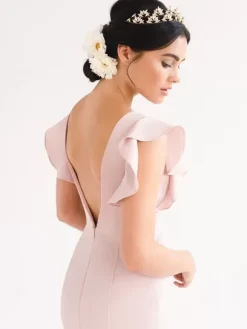 Evening Dress Mermaid Jewel Neck With Train Short Sleeves Backless Ruffles Satin Fabric Formal Dinner Dresses