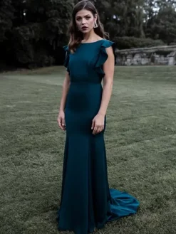 Evening Dress Mermaid Jewel Neck With Train Short Sleeves Backless Ruffles Satin Fabric Formal Dinner Dresses
