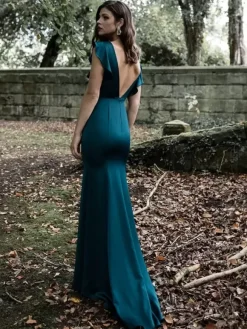 Evening Dress Mermaid Jewel Neck With Train Short Sleeves Backless Ruffles Satin Fabric Formal Dinner Dresses