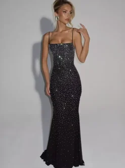 Evening Dress Mermaid Off-The-Shoulder Floor-Length Sleeveless Lace-up Beaded Tulle Formal Party Dresses