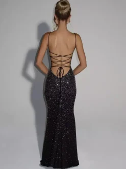 Evening Dress Mermaid Off-The-Shoulder Floor-Length Sleeveless Lace-up Beaded Tulle Formal Party Dresses