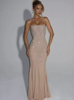 Evening Dress Mermaid Off-The-Shoulder Floor-Length Sleeveless Lace-up Beaded Tulle Formal Party Dresses
