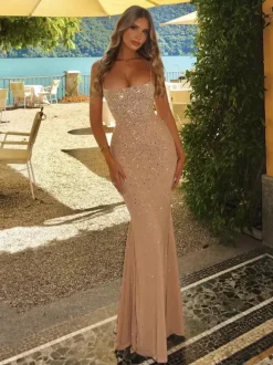 Evening Dress Mermaid Off-The-Shoulder Floor-Length Sleeveless Lace-up Beaded Tulle Formal Party Dresses