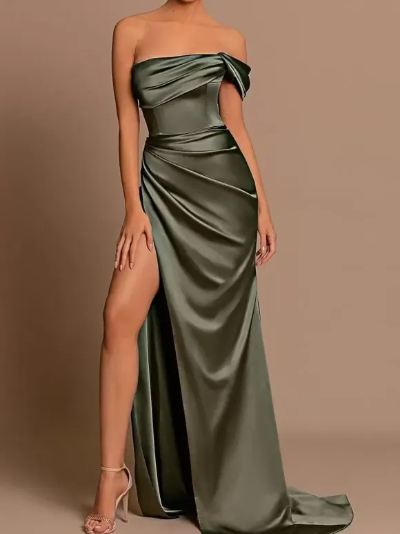 Evening Dress Mermaid Strapless Elastic Woven Satin With Train Split Front Social Party Dresses