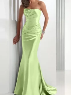 Evening Dress Mermaid Sweetheart Neck Satin Fabric With Train Pleated Social Party Dresses