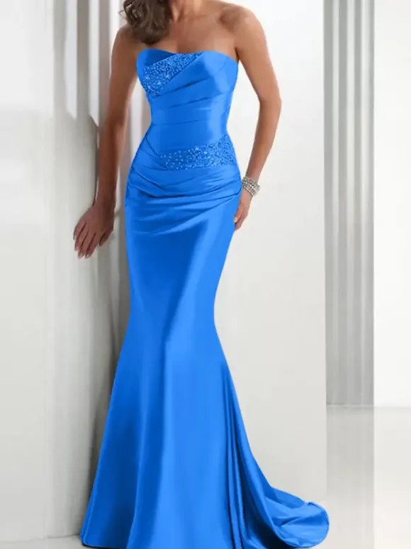 Evening Dress Mermaid Sweetheart Neck Satin Fabric With Train Pleated Social Party Dresses