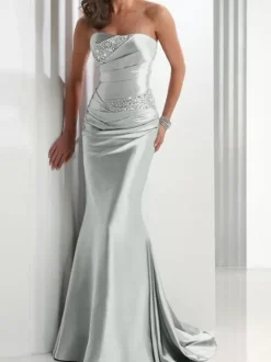 Evening Dress Mermaid Sweetheart Neck Satin Fabric With Train Pleated Social Party Dresses