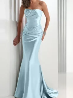 Evening Dress Mermaid Sweetheart Neck Satin Fabric With Train Pleated Social Party Dresses