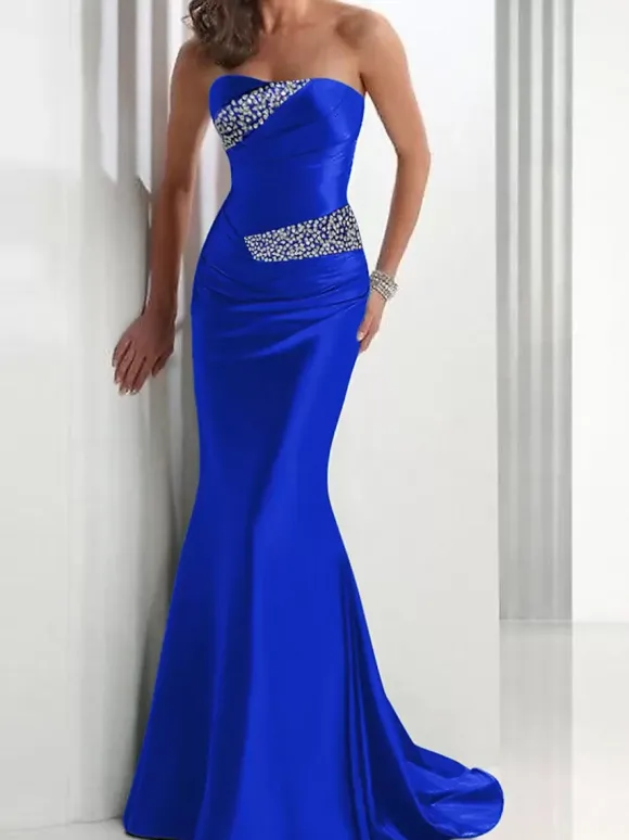 Evening Dress Mermaid Sweetheart Neck Satin Fabric With Train Pleated Social Party Dresses