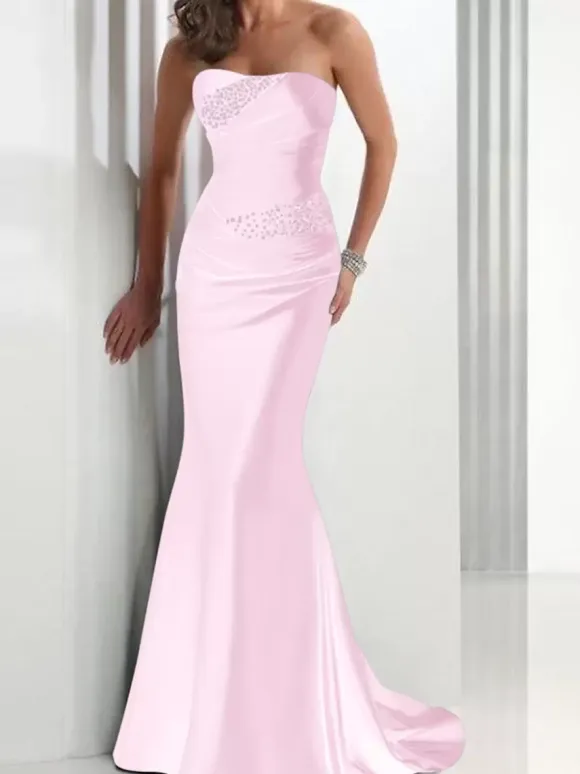 Evening Dress Mermaid Sweetheart Neck Satin Fabric With Train Pleated Social Party Dresses
