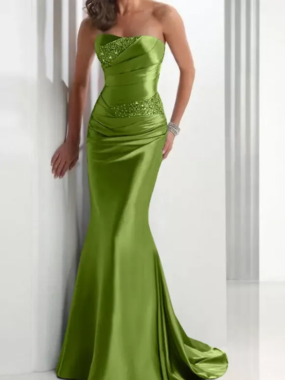 Evening Dress Mermaid Sweetheart Neck Satin Fabric With Train Pleated Social Party Dresses