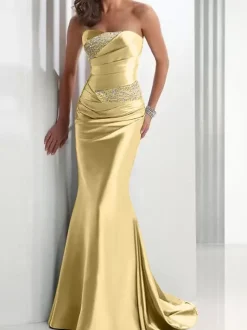 Evening Dress Mermaid Sweetheart Neck Satin Fabric With Train Pleated Social Party Dresses