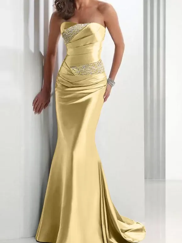 Evening Dress Mermaid Sweetheart Neck Satin Fabric With Train Pleated Social Party Dresses