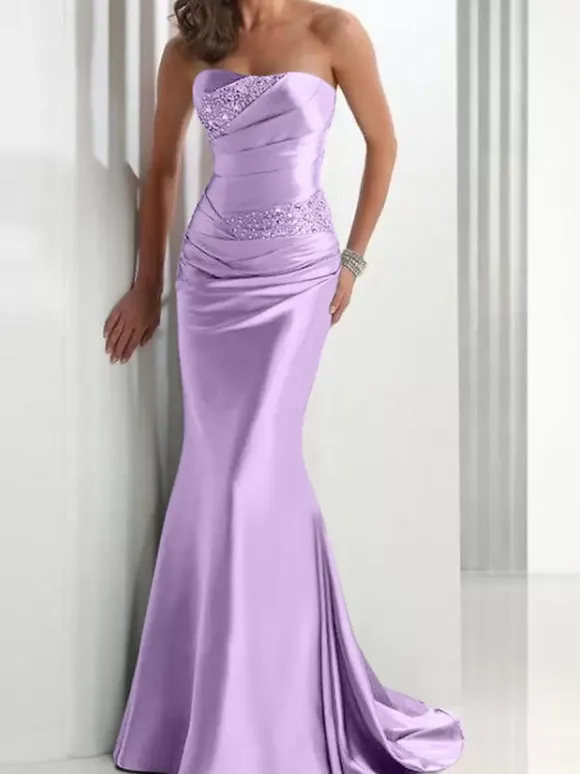 Evening Dress Mermaid Sweetheart Neck Satin Fabric With Train Pleated Social Party Dresses