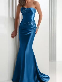 Evening Dress Mermaid Sweetheart Neck Satin Fabric With Train Pleated Social Party Dresses