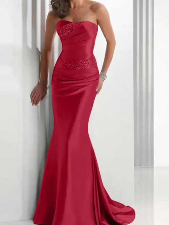 Evening Dress Mermaid Sweetheart Neck Satin Fabric With Train Pleated Social Party Dresses