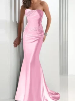 Evening Dress Mermaid Sweetheart Neck Satin Fabric With Train Pleated Social Party Dresses