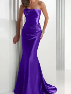 Evening Dress Mermaid Sweetheart Neck Satin Fabric With Train Pleated Social Party Dresses