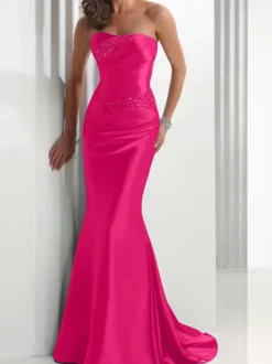 Evening Dress Mermaid Sweetheart Neck Satin Fabric With Train Pleated Social Party Dresses