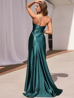 Evening Dress Mermaid Sweetheart Neck Satin Fabric With Train Split Front Formal Party Dresses