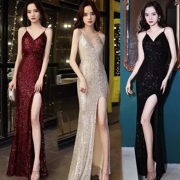 Evening Dress Mermaid V-Neck Sequined Floor-Length Split Front Social Party Dresses