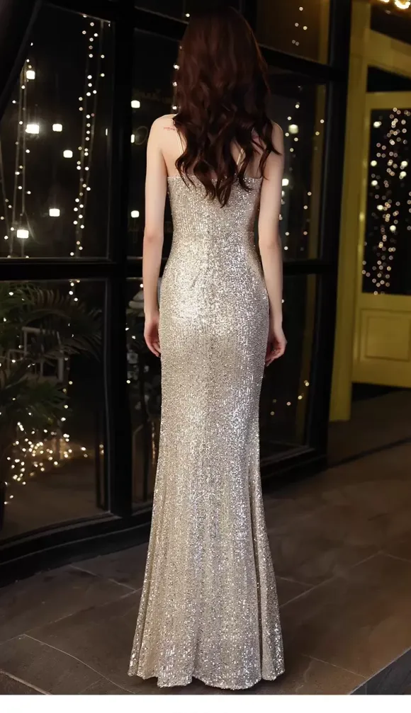 Evening Dress Mermaid V-Neck Sequined Floor-Length Split Front Social Party Dresses