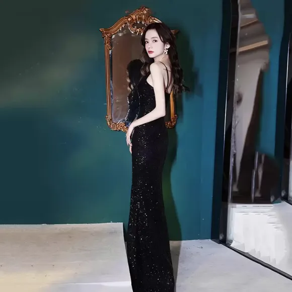 Evening Dress Mermaid V-Neck Sequined Floor-Length Split Front Social Party Dresses