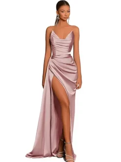 Evening Dress Mermaid V-Neck Satin Fabric With Train Formal Party Dresses