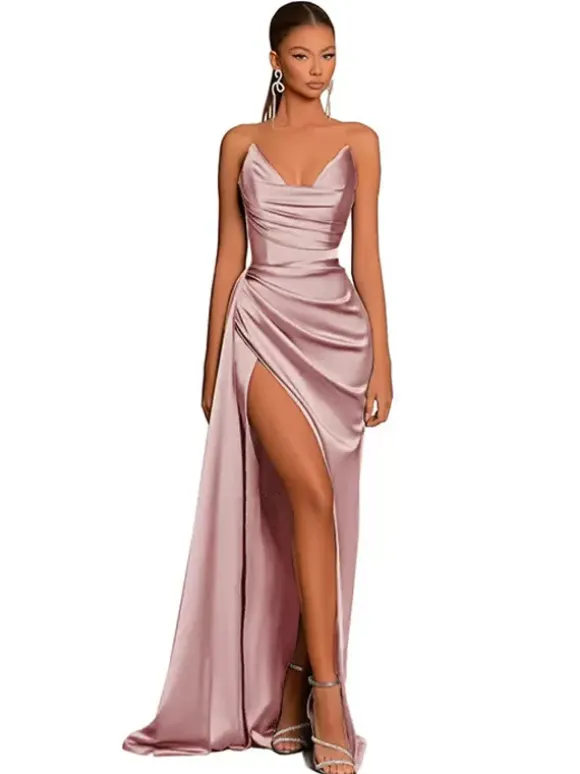 Evening Dress Mermaid V-Neck Satin Fabric With Train Formal Party Dresses