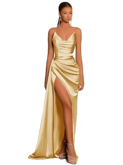 Evening Dress Mermaid V-Neck Satin Fabric With Train Formal Party Dresses