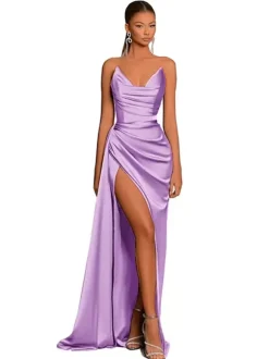 Evening Dress Mermaid V-Neck Satin Fabric With Train Formal Party Dresses