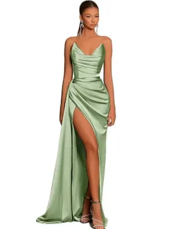 Evening Dress Mermaid V-Neck Satin Fabric With Train Formal Party Dresses