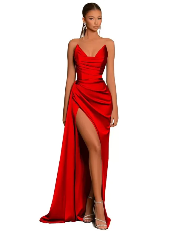 Evening Dress Mermaid V-Neck Satin Fabric With Train Formal Party Dresses