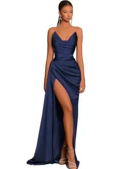 Evening Dress Mermaid V-Neck Satin Fabric With Train Formal Party Dresses